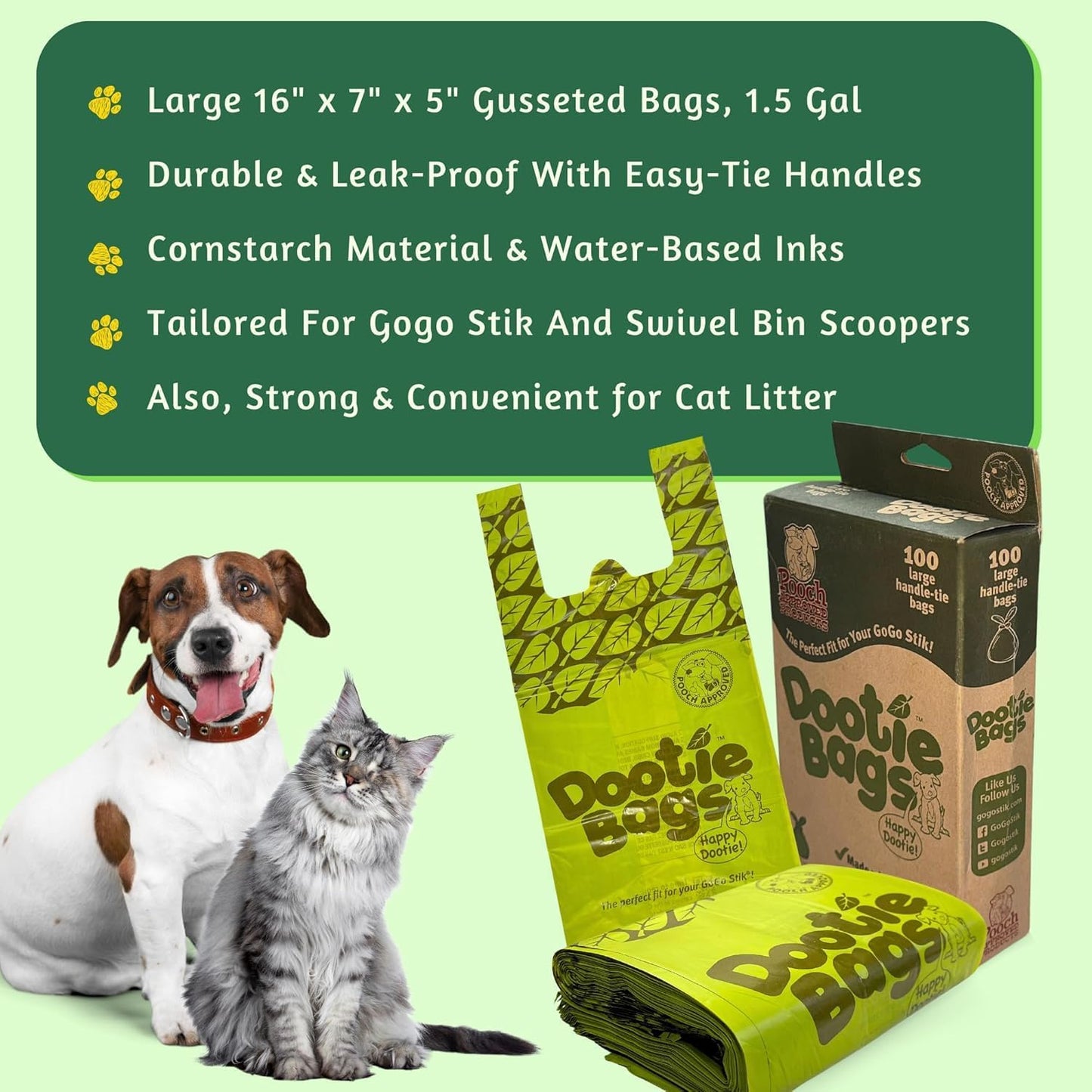 Pooch Approved Large Dootie Bags - Dog Poop Bags - Tie-Handles - 100 Count Dootie Strong and Leakproof - Perfect for Dogs & Cats - Litter - Pet Waste Cleanup - Swivel Bin & Scoopers