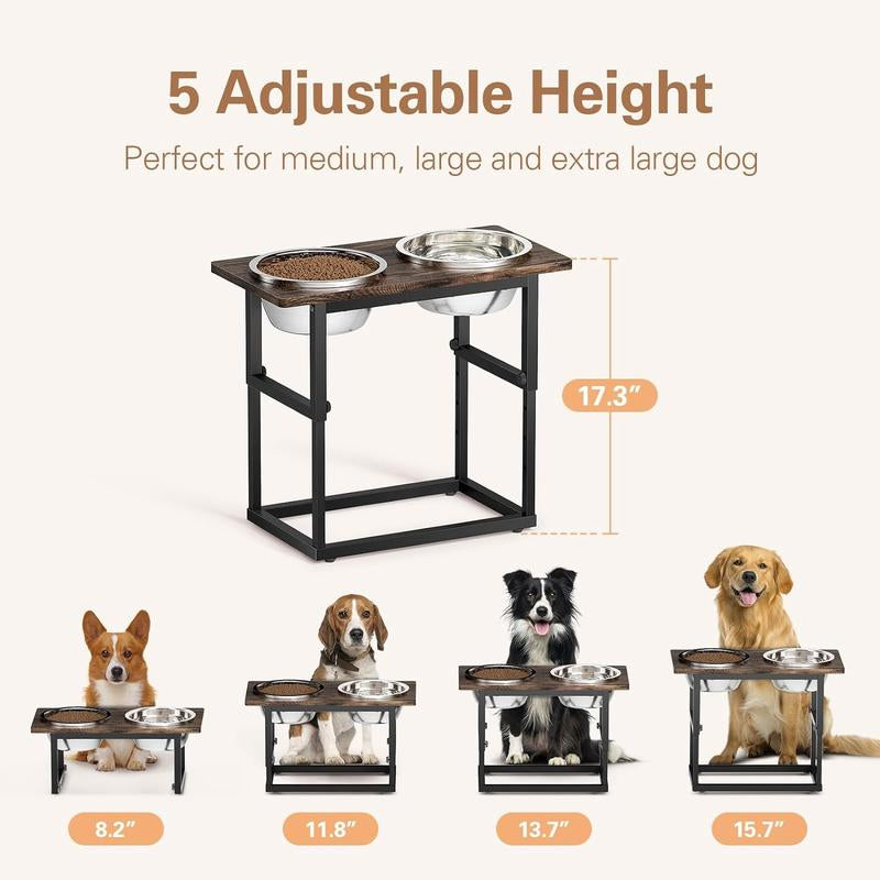 Elevated Puppy Bowls for Large Dogs, 2 Thick Stainless Bowls 2.2L, Adjustable to 17.3 Inches, Features Raised Design for Extra Comfort