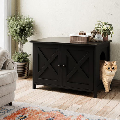Walsunny Cat Litter Box Furniture with Removable Divider Hidden Enclosure and End Table White Brown Gray Wood Adjustable System for Personalized Configurations Double Door Design