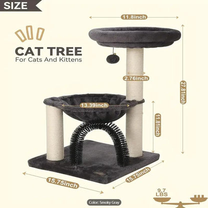 Fluffydream 27.5 INCHES Tower for Indoor Cats, Multi-Level Cat Tree with Scratching Posts Plush Basket & Perch for Play Rest, Cat Activity Tree with Dangling Ball for Kittens/Small Cats