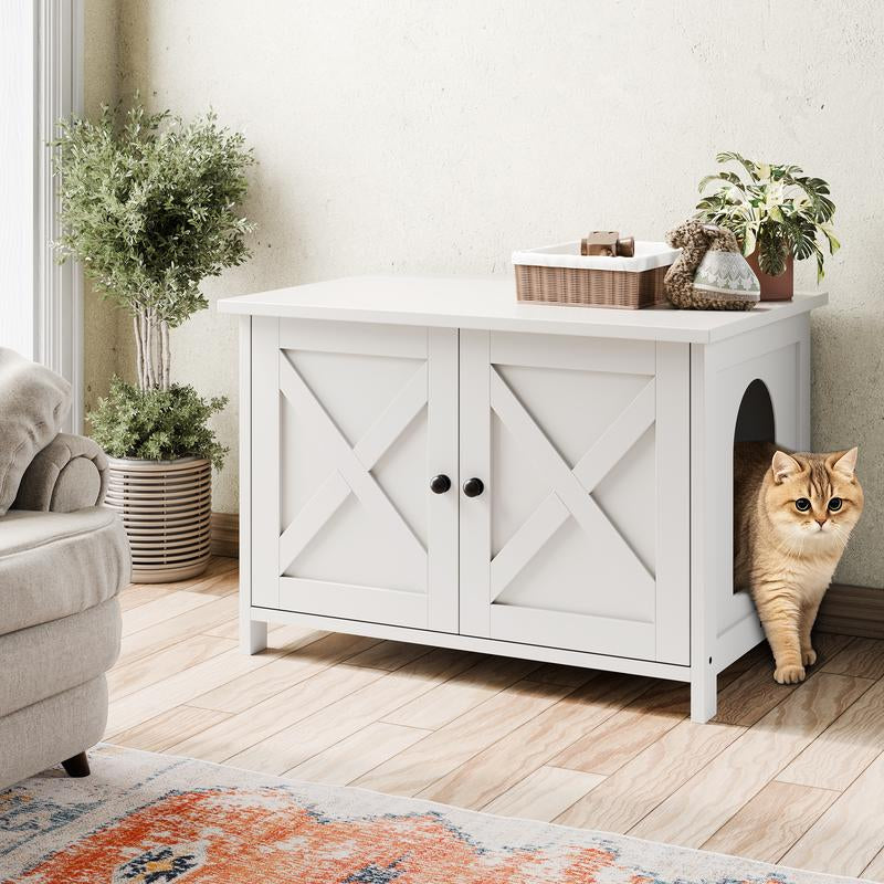 Walsunny Cat Litter Box Furniture with Removable Divider Hidden Enclosure and End Table White Brown Gray Wood Adjustable System for Personalized Configurations Double Door Design