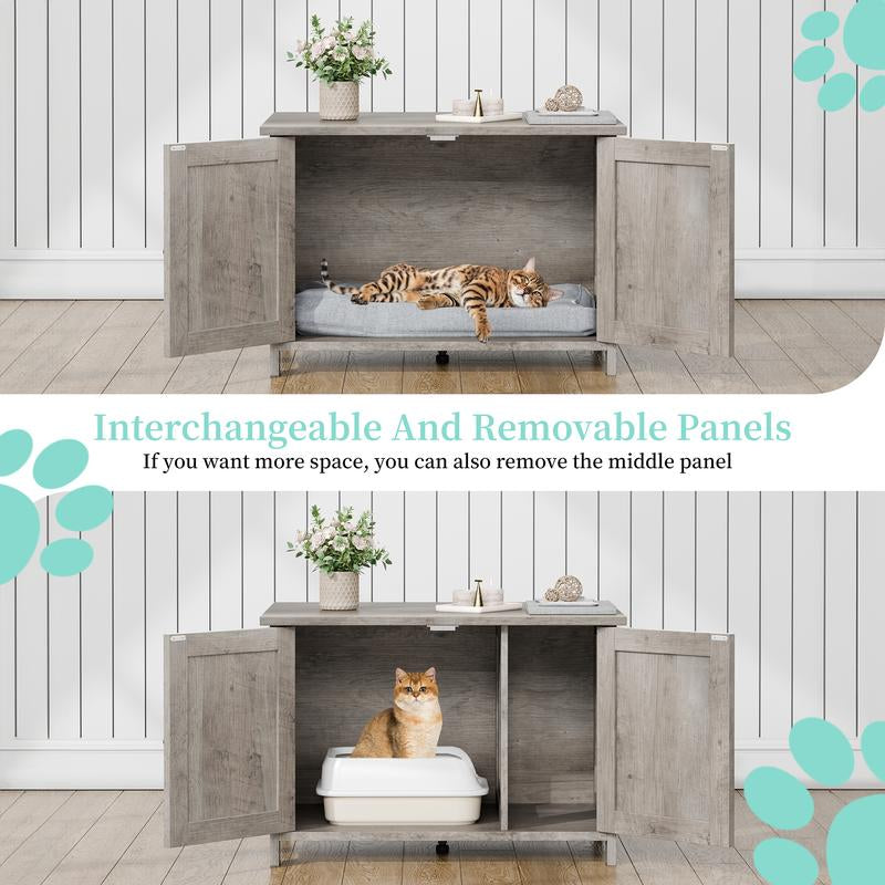 Walsunny Cat Litter Box Furniture with Removable Divider Hidden Enclosure and End Table White Brown Gray Wood Adjustable System for Personalized Configurations Double Door Design