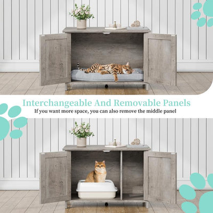 Walsunny Cat Litter Box Furniture with Removable Divider Hidden Enclosure and End Table White Brown Gray Wood Adjustable System for Personalized Configurations Double Door Design