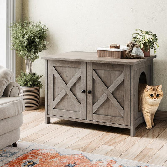 Walsunny Cat Litter Box Furniture with Removable Divider Hidden Enclosure and End Table White Brown Gray Wood Adjustable System for Personalized Configurations Double Door Design