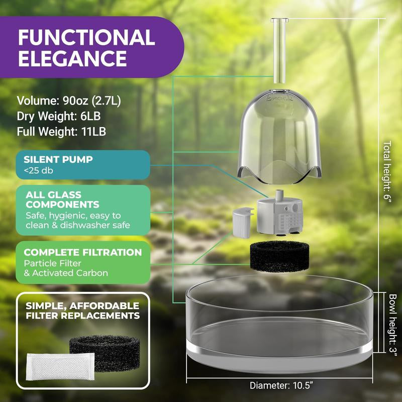 Brook Glass Pet Fountain (90Oz/2.7L) – Cat Water Fountain & Small Dog Drinking Fountain – Automatic Water Dispenser Cat Fountain