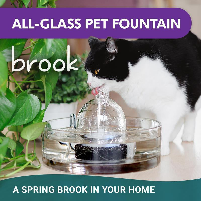 Brook Glass Pet Fountain (90Oz/2.7L) – Cat Water Fountain & Small Dog Drinking Fountain – Automatic Water Dispenser Cat Fountain