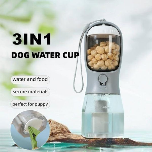 Portable 3-In-1 Dog Water Bottle, Food Cup & Poop Bag Holder – Pet Travel Must-Have!