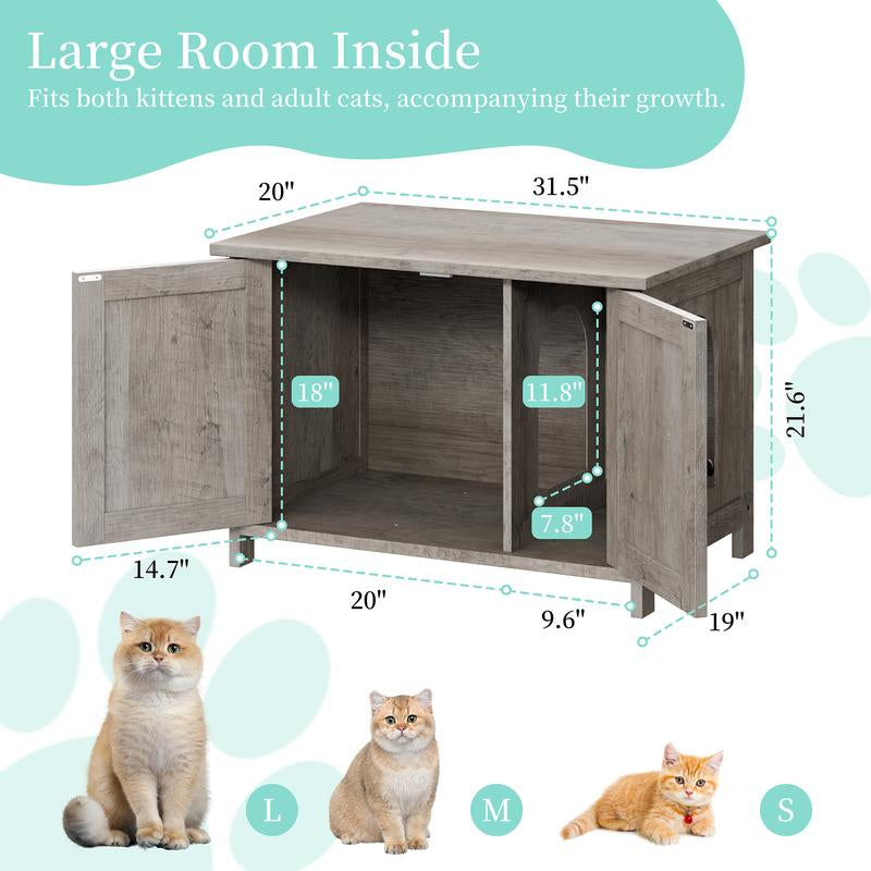 Walsunny Cat Litter Box Furniture with Removable Divider Hidden Enclosure and End Table White Brown Gray Wood Adjustable System for Personalized Configurations Double Door Design